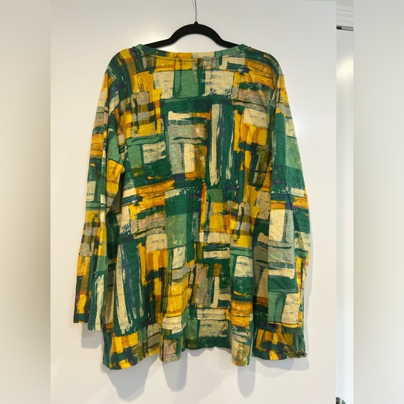 LOGO Lori Goldstein 2X Shirt Top Green Yellow Long Tunic V Neck Lagenlook - Picture 7 of 9